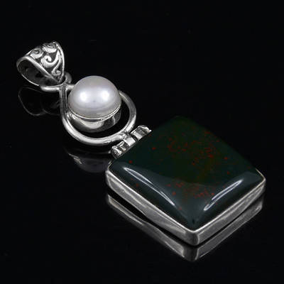 Luxurious Sterling Silver Hand-made Pendant with Genuine Pearl & BloodStone