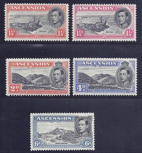 Ascension 1938 George VI perf 13 varieties: 5 values fine mint/UMM. See below.
