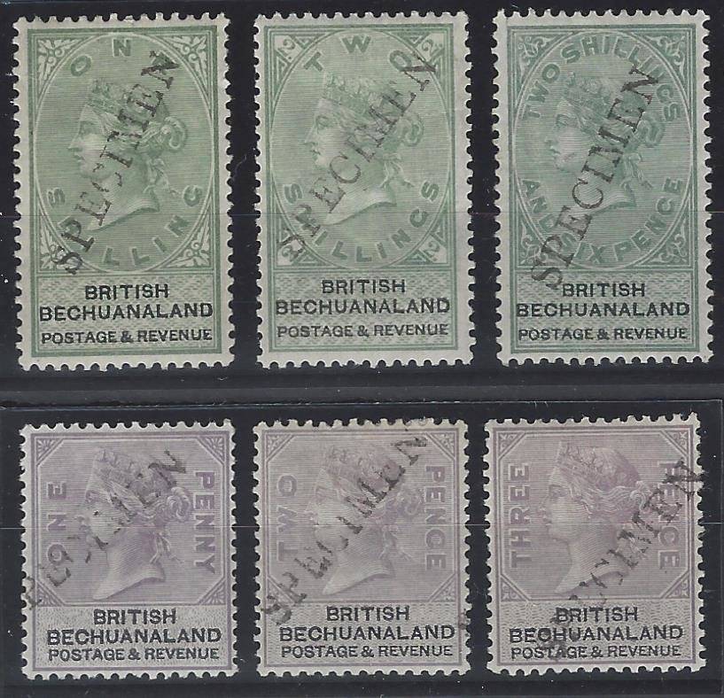 Bechuanaland 1887 Scarce group of 6 SPECIMENs fine mint. SACC 10/12S, 15/17S. See below.