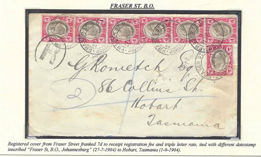 Transvaal: Jhb.sub-offices:  rare ("RRR") FRASER ST. B. O. JOHANNESBURG cds (Putzel type 2)