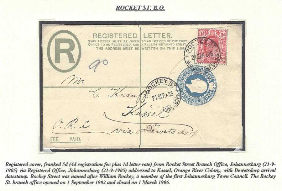 Transvaal: Jhb. sub-offices: VERY RARE ROCKEY ST. B.O. registered cover. See below.
