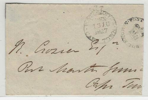 Cape 1827 (13 Ju) Reduced cover with clear "SIMON'S TOWN" and Official "Free" stikes. See below.