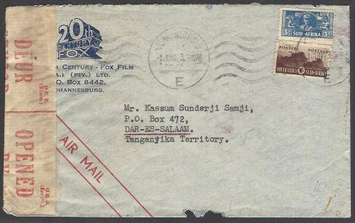 Union 1943 Censored `20th Century Fox` cover JOHANNESBURG to DAR ES SALAAM. See below.