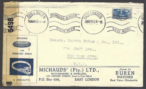 Union 1943 Censored `Michaud`s Jewellers` cover EAST LONDON to NEW YORK. See below.