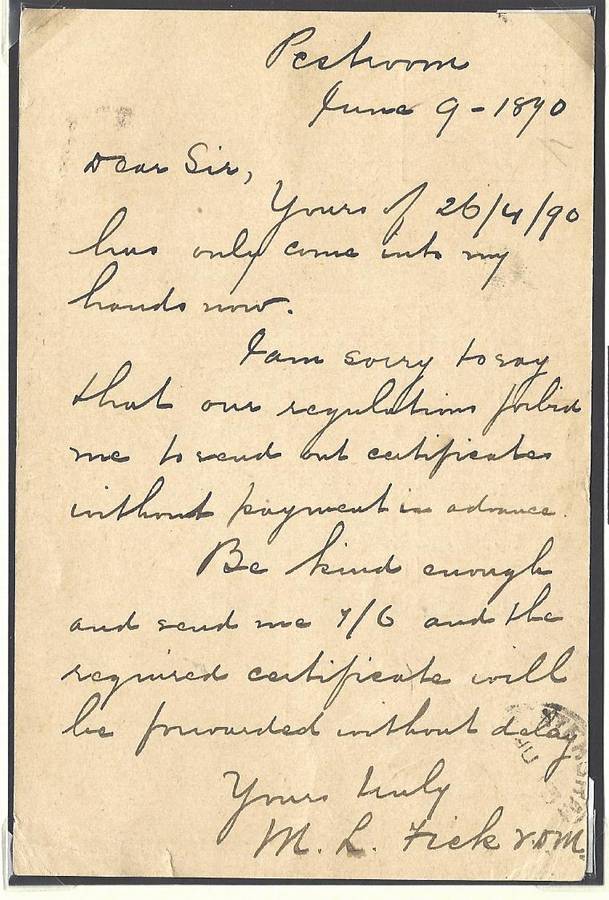 Transvaal: Rare 1890 RUSTENBERG with "E" instead of "U" cds on local card. See below.