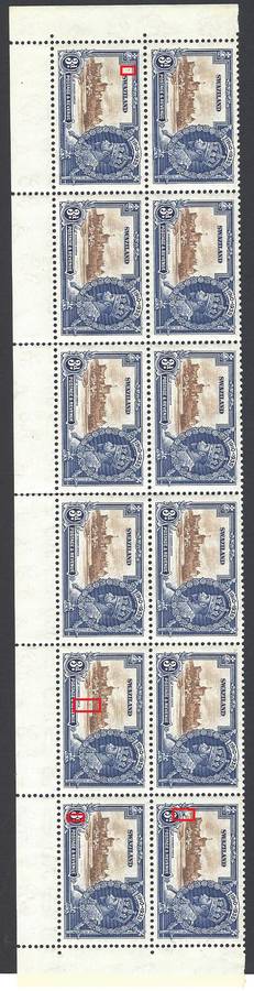 Swaziland 1935 Jubilee 3d strip of 12 with VARIETIES. Superb MNH.  See below.