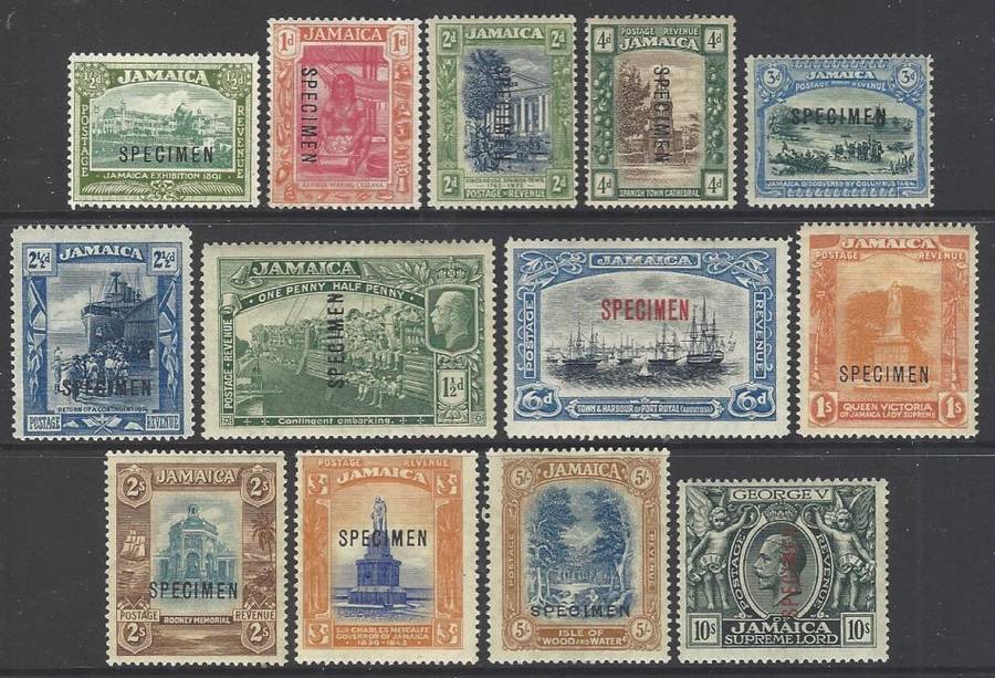 Jamaica 1921/9 SPECIMEN set of 13. CV GBP 300/ R 7,200. SG 94S/106S. VFM. See Below