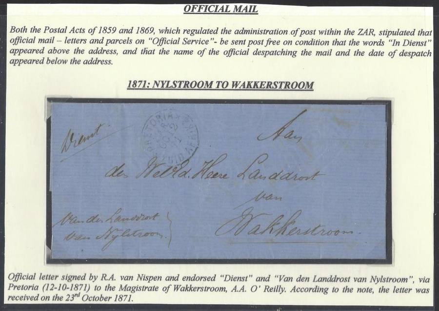 Transvaal/ZAR 1871 Rarity. Official Mail: Nylstroom/Pretoria/Wakkerstroom. See below.