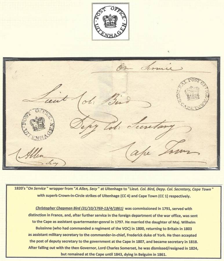 Cape 1820`s `On Service` wrapper and Uitenhage Crown-in-Circle handstamp (CC 4). See below..