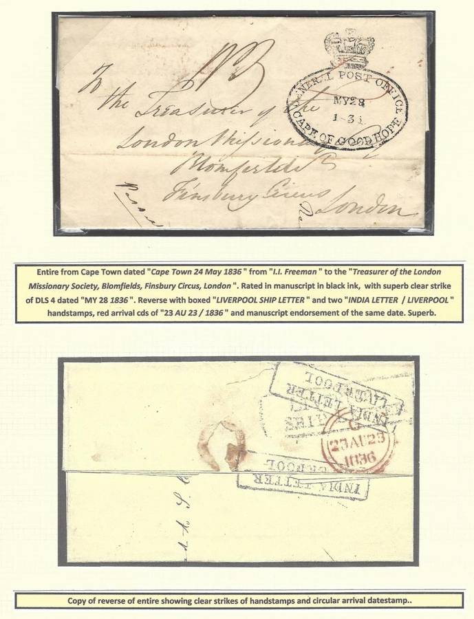 Cape 1836 entire Cape Town to London with DLS 4, `India Letter / Liverpool`, `Liverpool Ship Letter`
