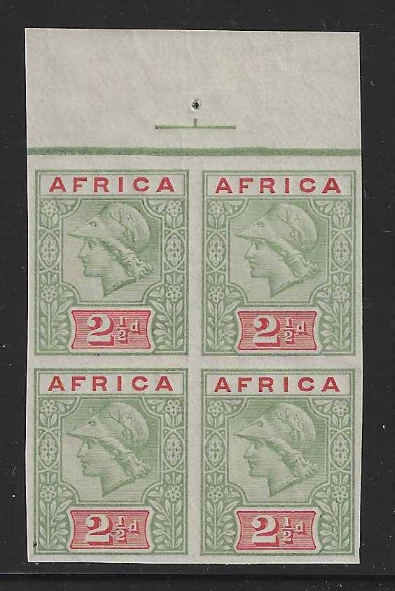 Transvaal `AFRICA` De La Rue Imperf Control block - dull green and dull carmine, uncoated paper.