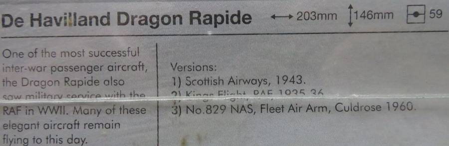 **AIRFIX**MODEL KIT**DE HAVILLAND - DRAGON RAPIDE**LENGTH +-20.3CM**1/72**VINTAGE**BOX SEALED**