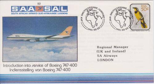 **SAA FLIGHT COVER 50 + DATE STAMP CARD**CERTIFIED FLIGHT STAMP**JHB-LONDON**22/02/1991**