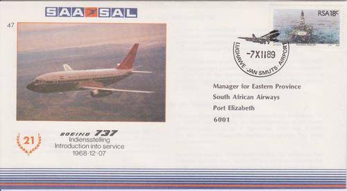 **SAA FLIGHT COVER 47**CERTIFIED FLIGHT STAMP**JHB - PORT ELIZABETH **07/12/1989**