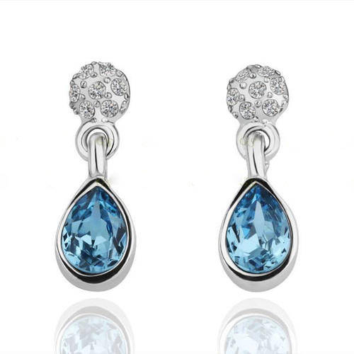 *Local Stock* High quality 18K RGP white gold drop earrings with Blue Austrian crystals and zircon