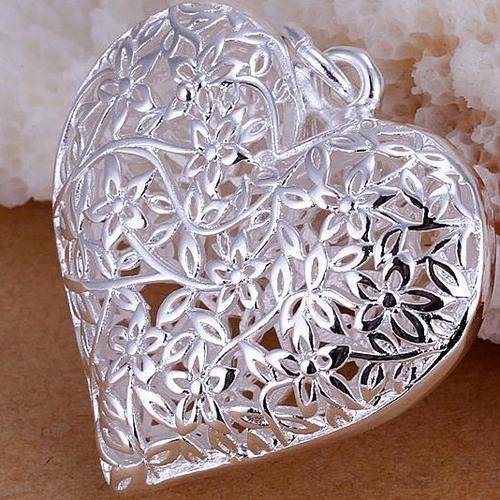 Local Stock, 925 sterling silver filled heart pendant with flowers and leaves detail plus FREE chain