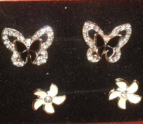 Local Stock, Gorgeous handpainted LARGE butterfly and 18K RGP flower Studs. GIFT BOXED FREE
