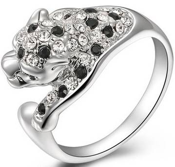18K RGP white gold Leopard style ring adorned in black and clear AAA Genuine Austrian Crystals