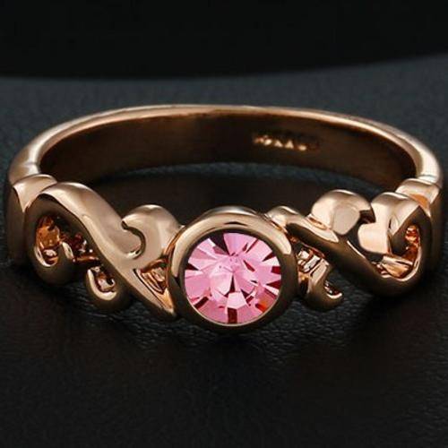 New 18K RGP rose gold dainty filigree style ladies ring with Pink Genuine Austrian crystal