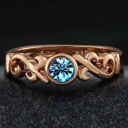 New 18K RGP rose gold dainty filigree style ladies ring with Blue Genuine Austrian crystal