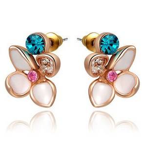 18K RGP rose gold, Ladies dangle stud earrings, Flower design with white detail and Austrian crystal