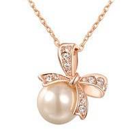 New 18K RGP rose gold ladies bow knot pendant with shell pearl and Austrian crystals + FREE chain
