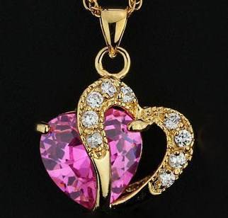 New 18K RGP yellow gold ladies Double heart pendant with Pink Austrian crystal + FREE chain