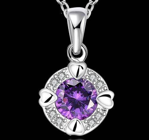 New 925 Sterling silver filled Dainty ladies pendant with large purple crystal + FREE chain