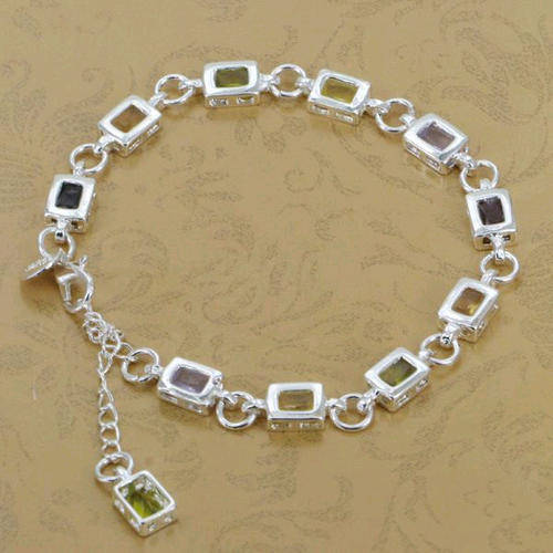 New 925 sterling silver filled stamped Square design bracelet with colored Austrian crystals