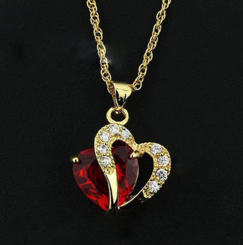 New 18K RGP yellow gold ladies Double heart pendant with Red Austrian crystal + FREE chain