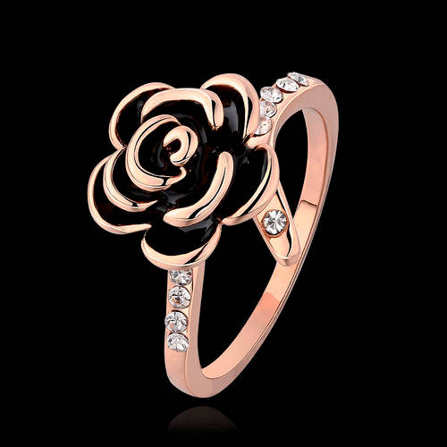 New 18K RGP in rose gold, Ladies rose deign ring with black detail and Genuine Austrian crystals