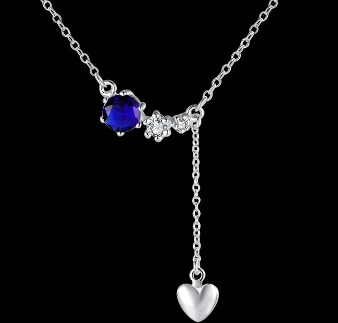 New 925 Sterling silver filled Ladies cute Necklace with blue Austrian crystals and heart detail