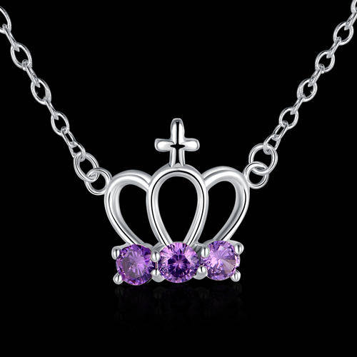 New 925 sterling silver filled stamped Ladies Crown design Necklace with purple AAA crystals