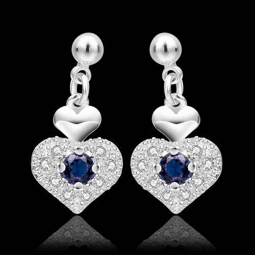 VALENTINES SPECIAL, 925 Sterling silver filled heart earrings with blue Austrian AAA crystals