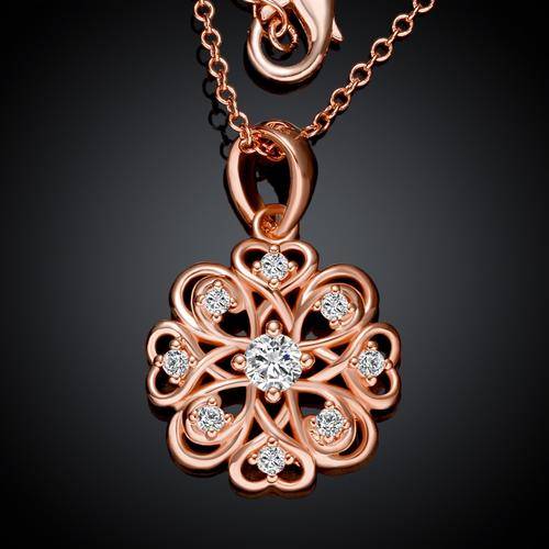 New 18k RGP in rose gold, Ladies dainty fine detail design pendant with AAA crystals and FREE chain