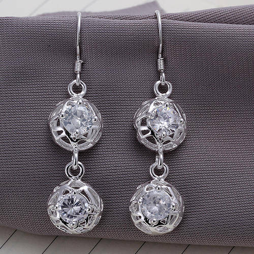 New 925 Sterling silver filled double semi ball design earrings with AAA crystal detail