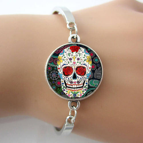 New 925 sterling silver plated Sugar Skull style dome bangle bracelets