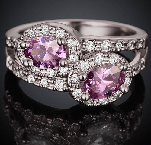 New 18K RGP ladies Engagement style ring with amethyst Purple Genuine Crystals and accent stones
