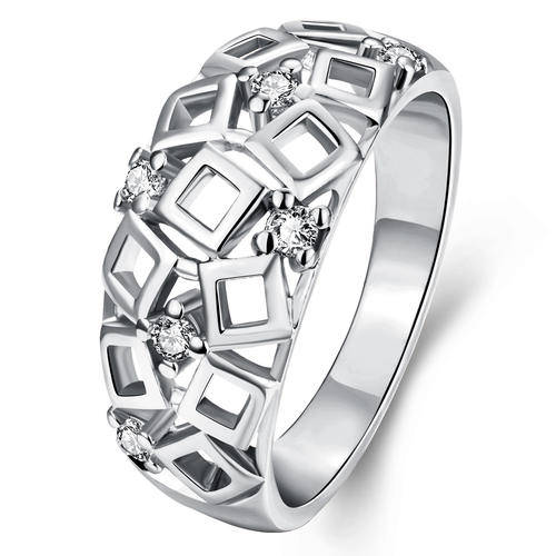 18K RGP in white gold, Chunky linked diamond shape ring with AAA genuine austrian crystals
