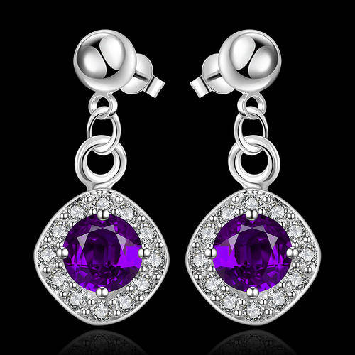 New 925 Sterling silver filled Ladies dangle earrings with purple AAA Genuine Austrian crystals