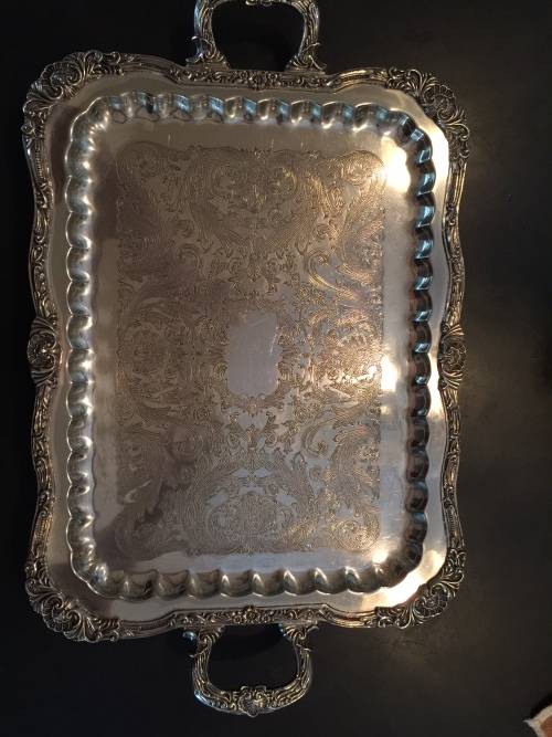 silver plate tray ornate and heavy