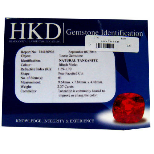 Sought After *TANZANITE* 2.37ct CERTIFIED Pear Shaped VVS Tanzanite HKD CERTIFIED