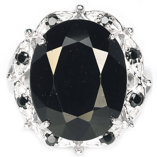 12.40CT. NATURAL 16X13MM. OVAL AAA BLACK SPINEL ,CZ STERLING 925 SILVER RING 5.5