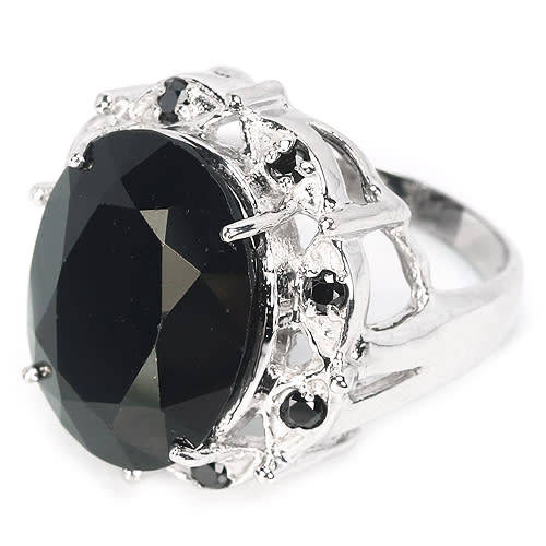 12.40CT. NATURAL 16X13MM. OVAL AAA BLACK SPINEL ,CZ STERLING 925 SILVER RING 5.5