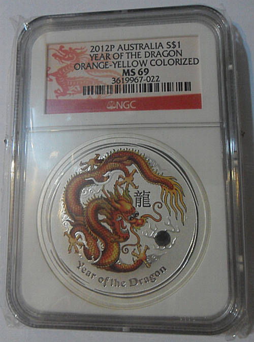 Rare 2012P AUSTRALIA YEAR OF THE DRAGON ORANGE-YELLOW COLORIZED - Graded MS69 by NGC