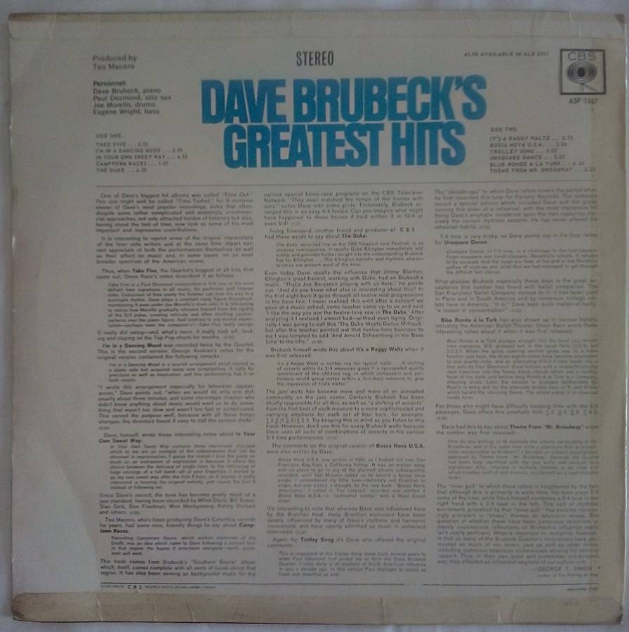 Dave Brubeck`s Greatest Hits Vinyl LP