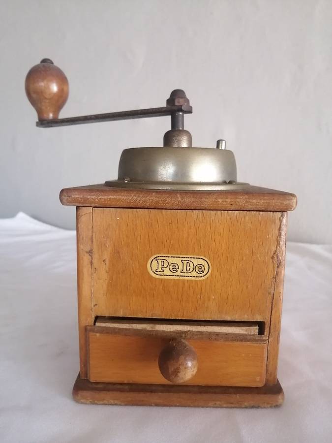 Antique PeDe Wood and Iron Coffee Grinder