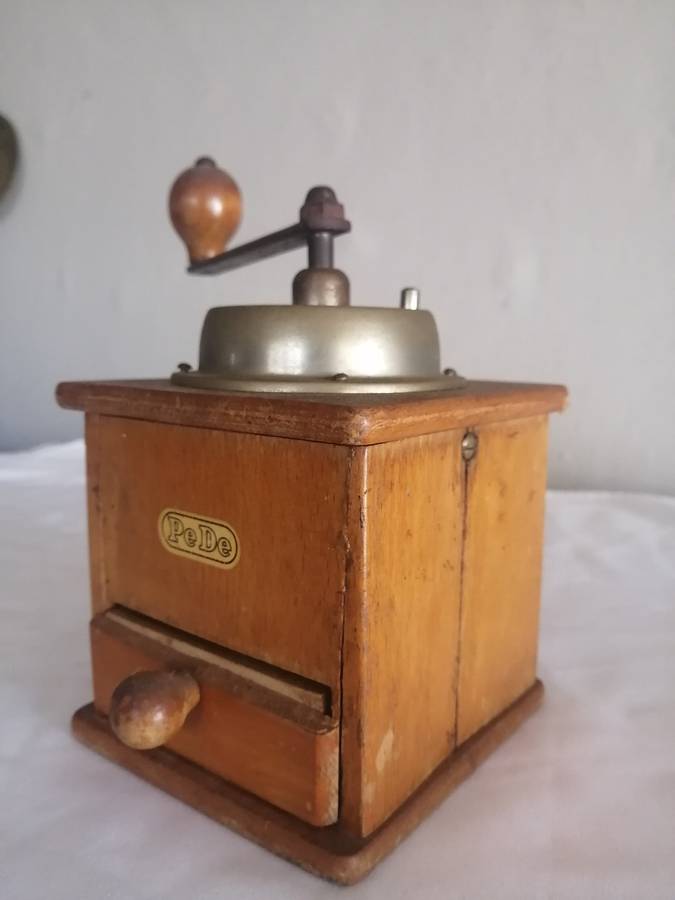 Antique PeDe Wood and Iron Coffee Grinder