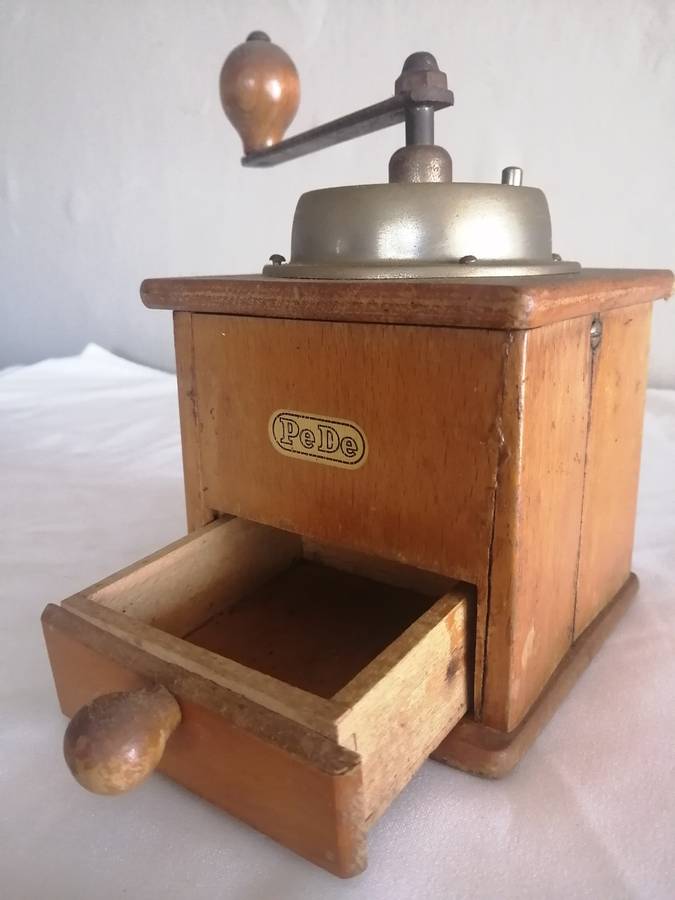 Antique PeDe Wood and Iron Coffee Grinder
