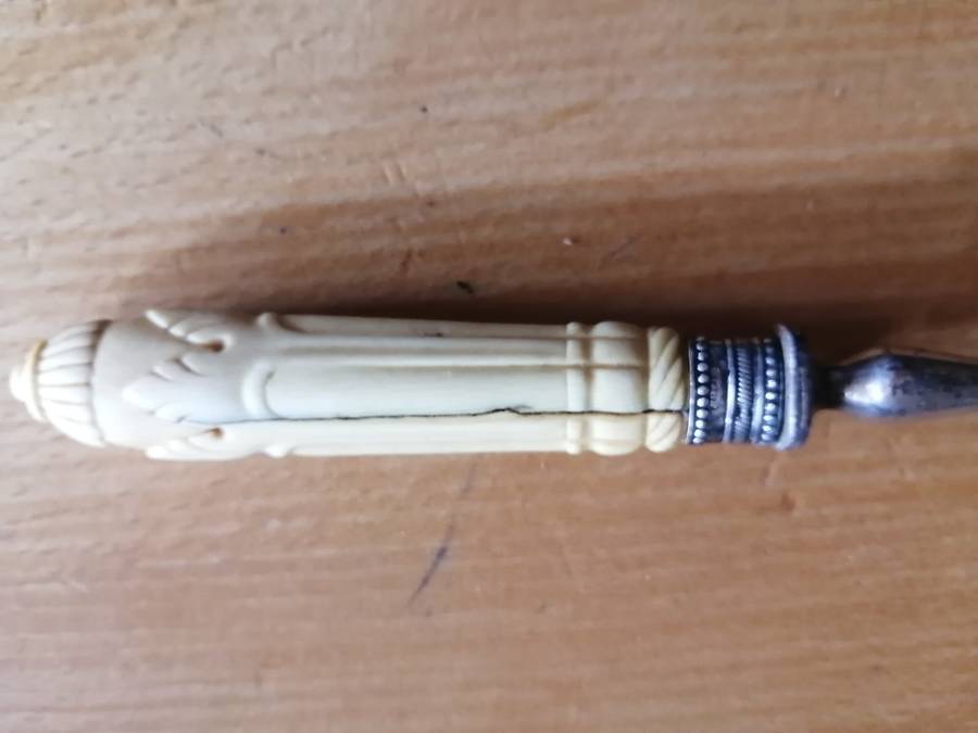 Antique Carved Bone Handle Silver Plated Fork